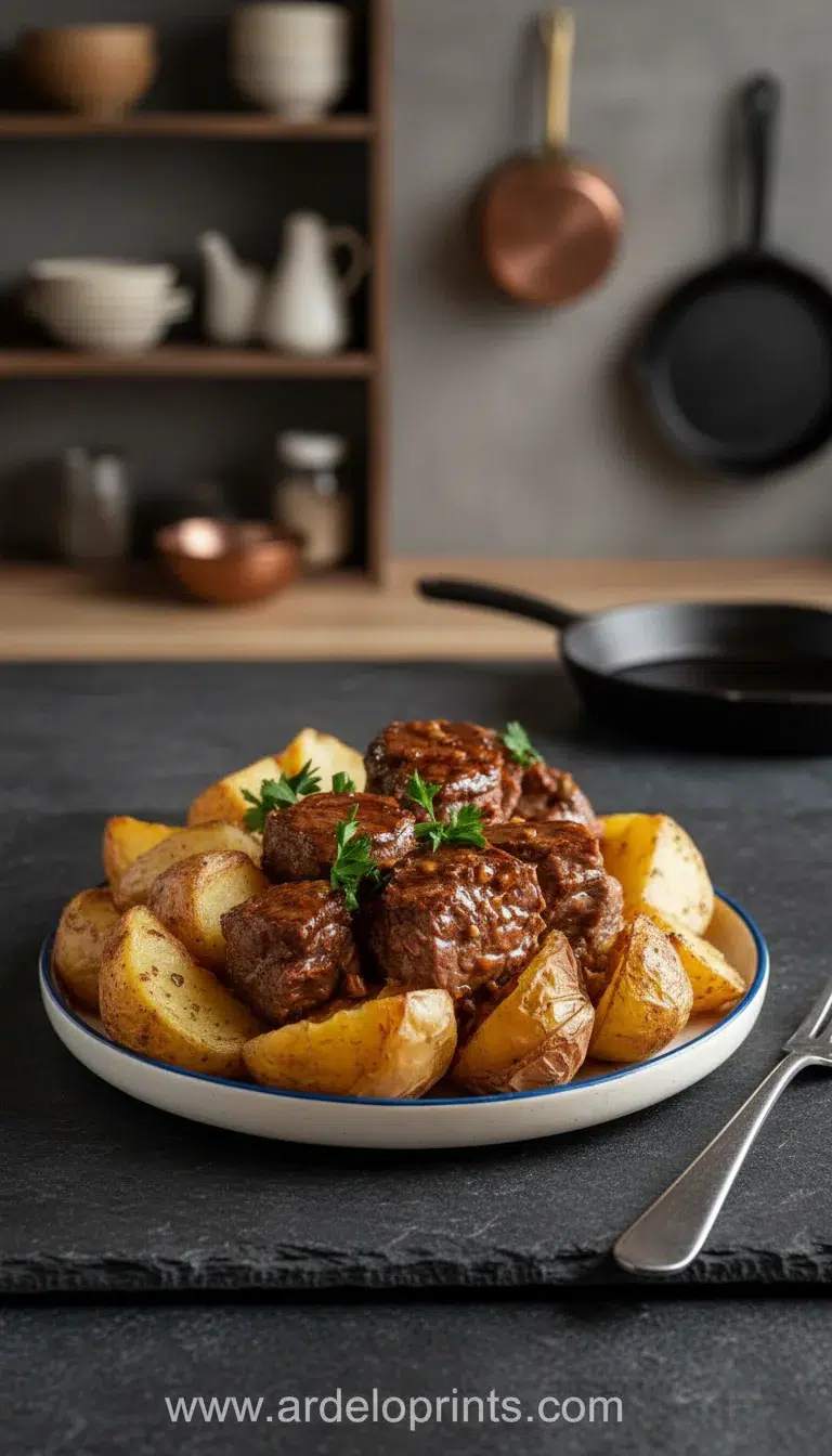 Crockpot Garlic Butter Steak Bites and Potatoes - final presentation