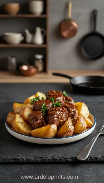 Crockpot Garlic Butter Steak Bites and Potatoes - ready to serve