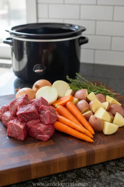 Hearty Slow Cooker Beef and Vegetable Stew - ingredients preparation
