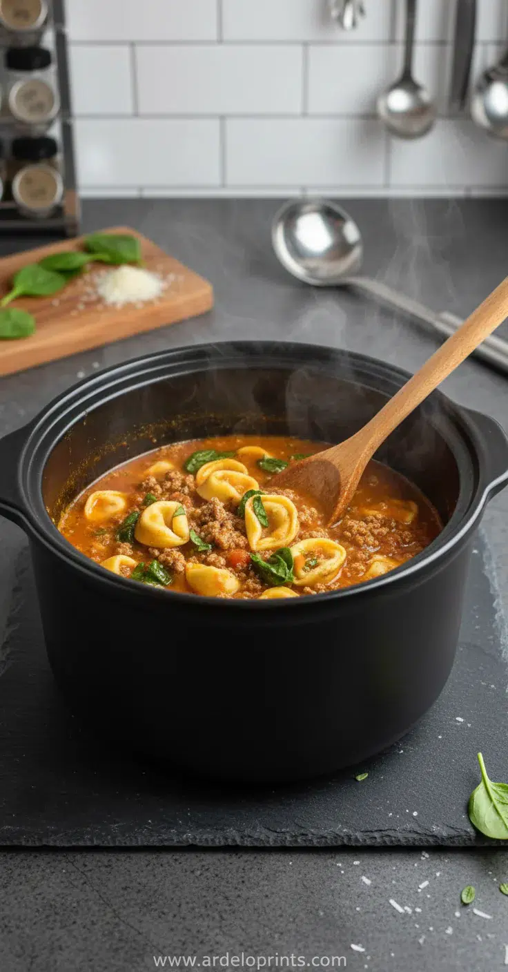 Crockpot Beef Sausage & Tortellini Soup - cooking process