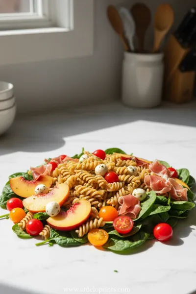 Summer Pasta Salad with Peaches, Spinach and Tomatoes - ingredients preparation