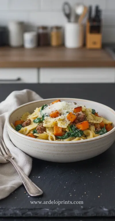 Butternut Squash Pasta with Beef Sausage - ready to serve
