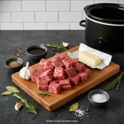 Slow Cooker Garlic Butter Beef Bites Recipe - ingredients preparation