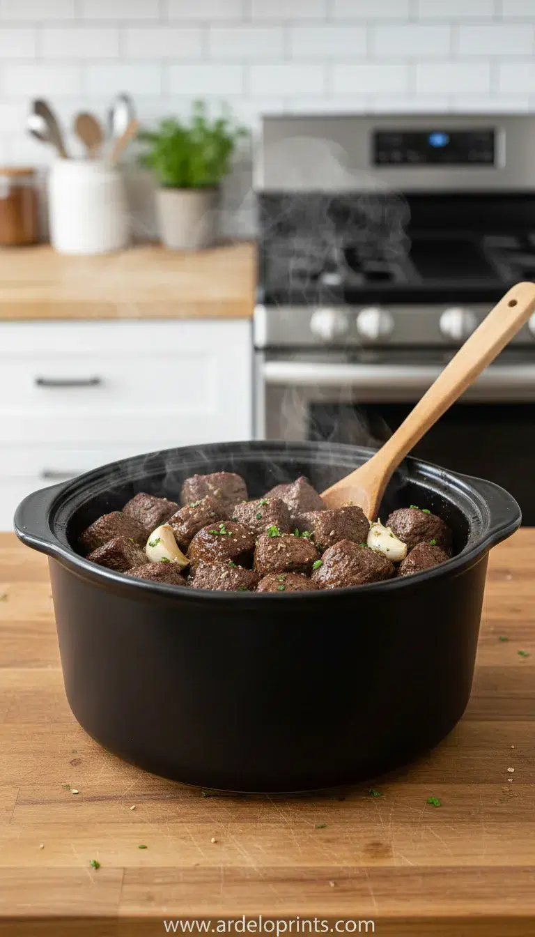 Crockpot Garlic Butter Steak Bites Recipe - cooking process