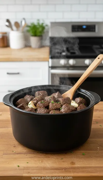 Crockpot Garlic Butter Steak Bites Recipe - cooking process
