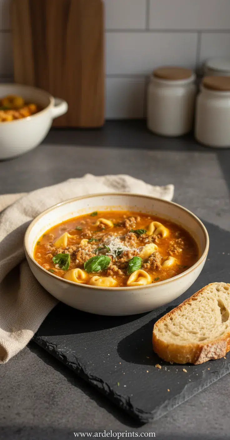 Crockpot Beef Sausage & Tortellini Soup - final presentation