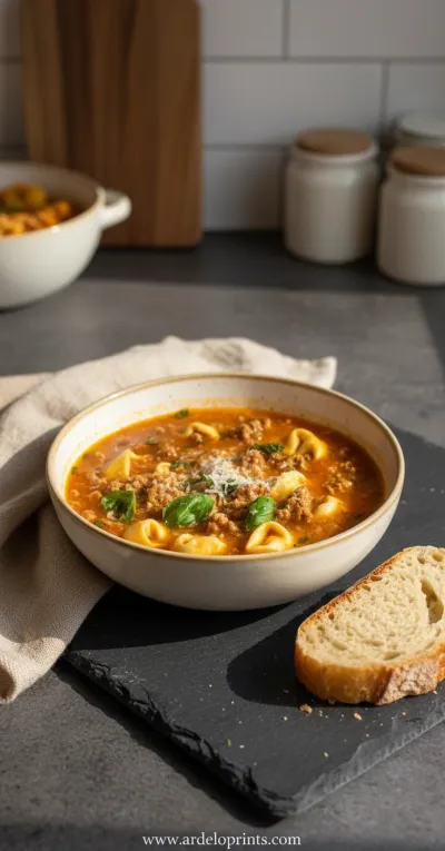 Crockpot Beef Sausage & Tortellini Soup - ready to serve