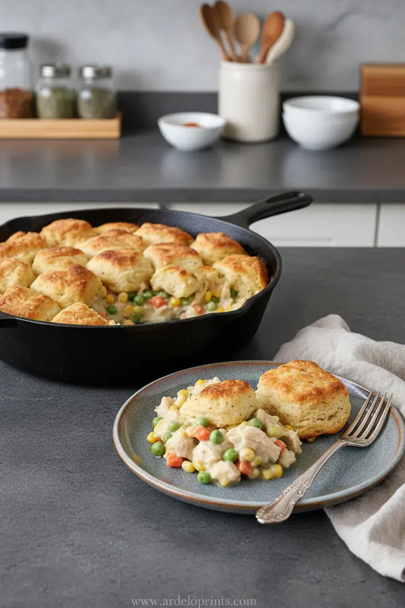 Chicken Pot Pie Casserole with Biscuits - final presentation