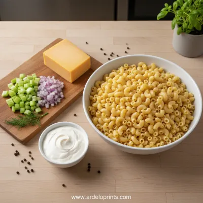 Cheddar Sour Cream Macaroni Salad Recipe - ingredients preparation