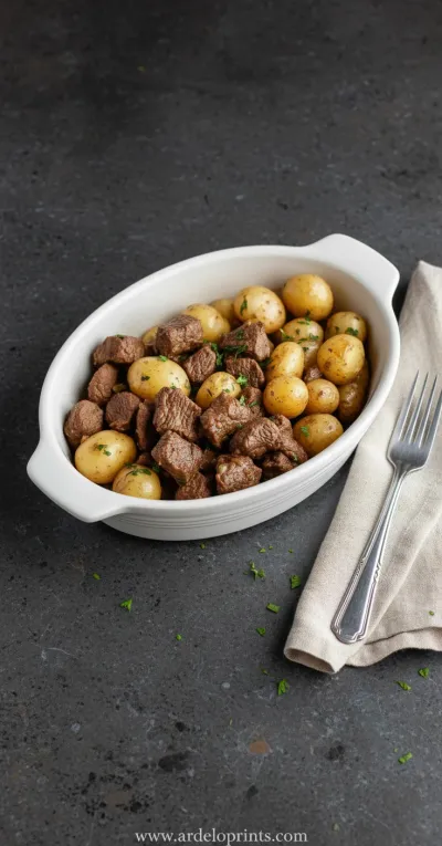 Crockpot Garlic Butter Beef Bites with Potatoes - ready to serve