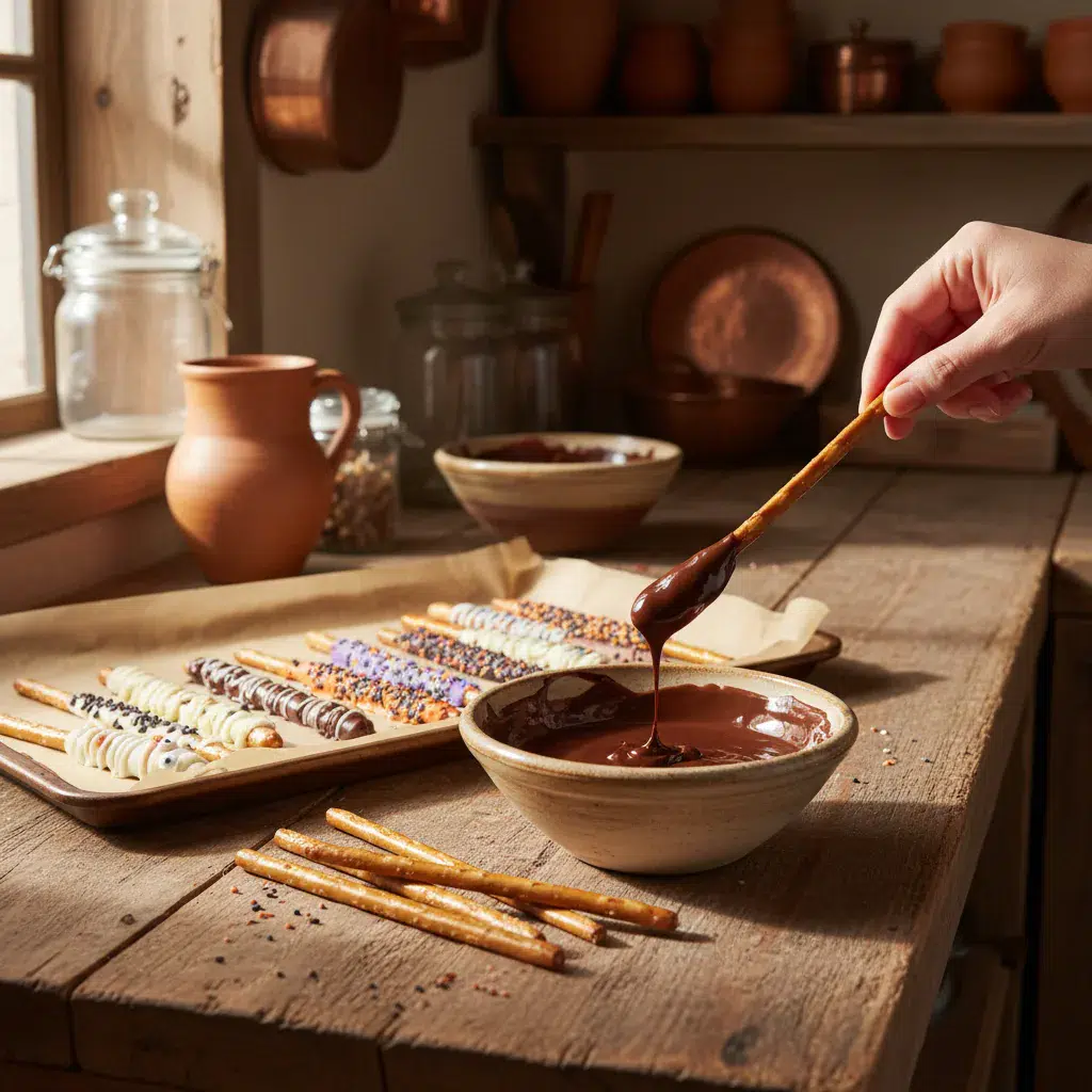 Halloween Chocolate Covered Pretzels - cooking process