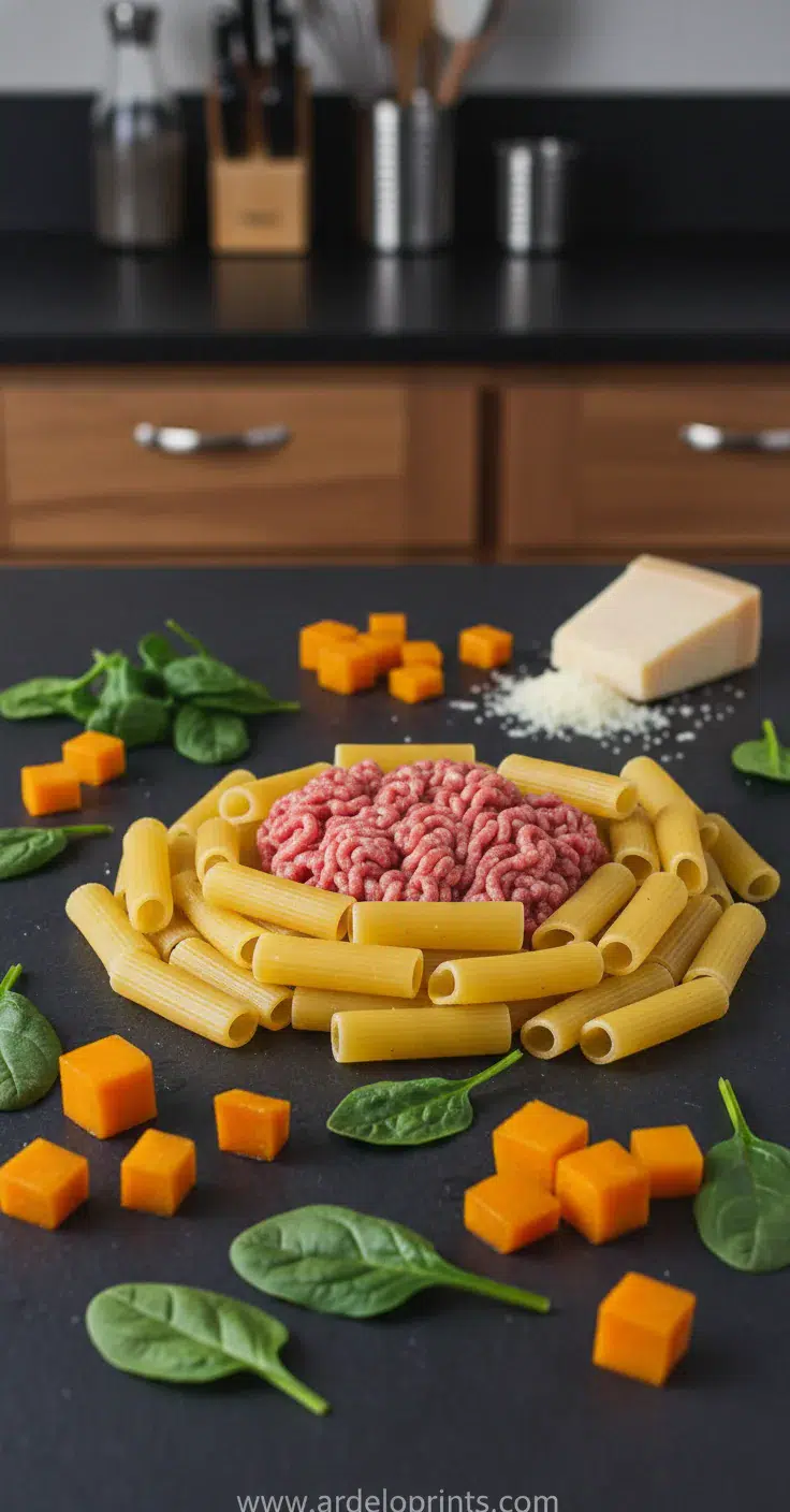 Butternut Squash Pasta with Beef Sausage - ingredients preparation