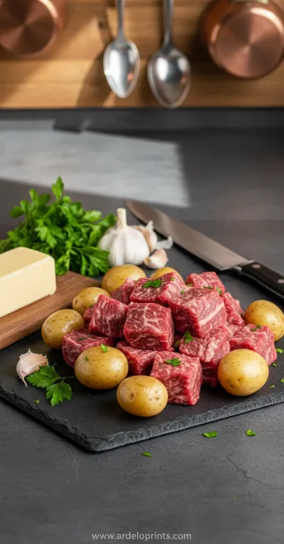 Crockpot Garlic Butter Beef Bites with Potatoes - ingredients preparation