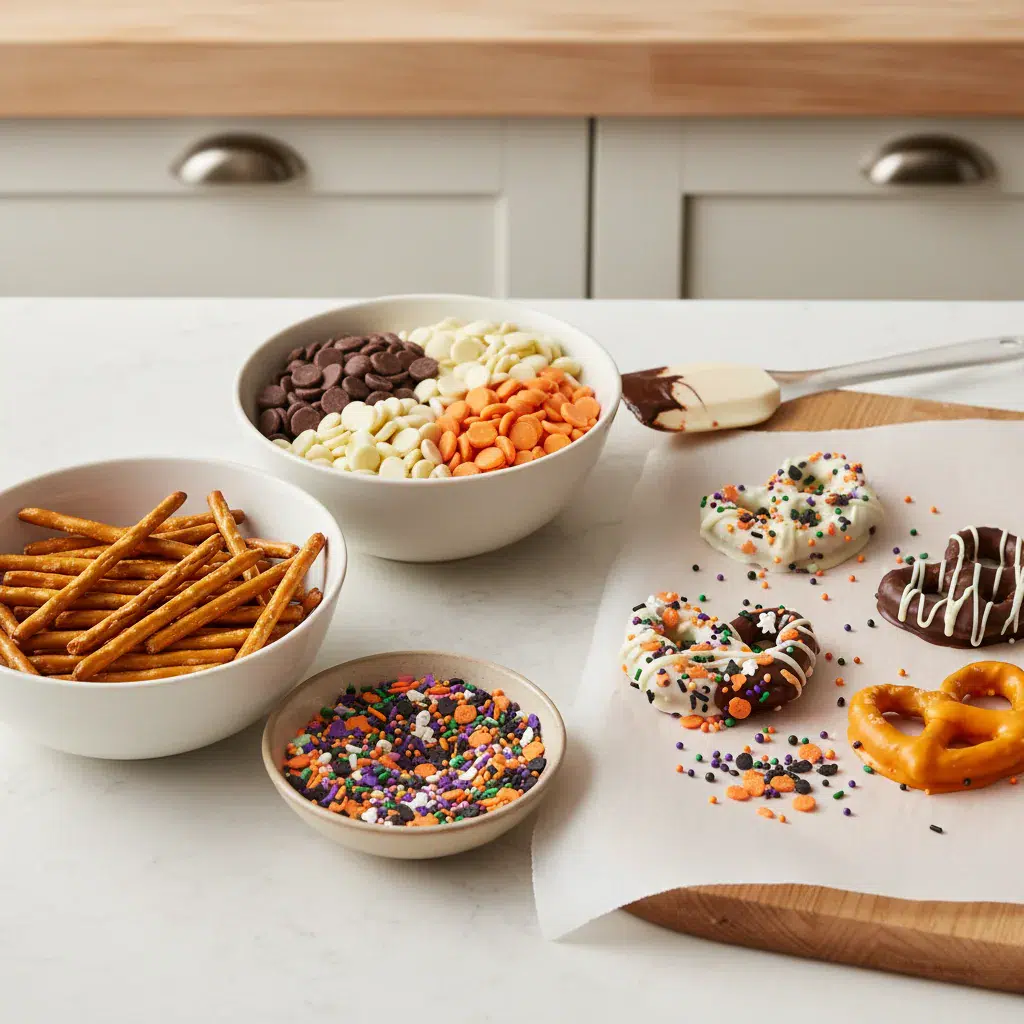 Halloween Chocolate Covered Pretzels - ingredients preparation