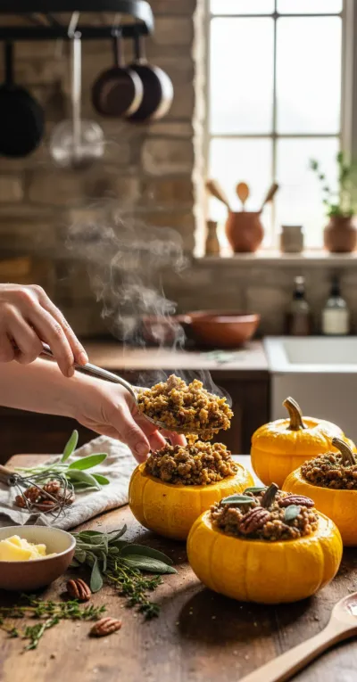 Turkey & Sage Stuffed Pumpkins: Fall Recipe - cooking process