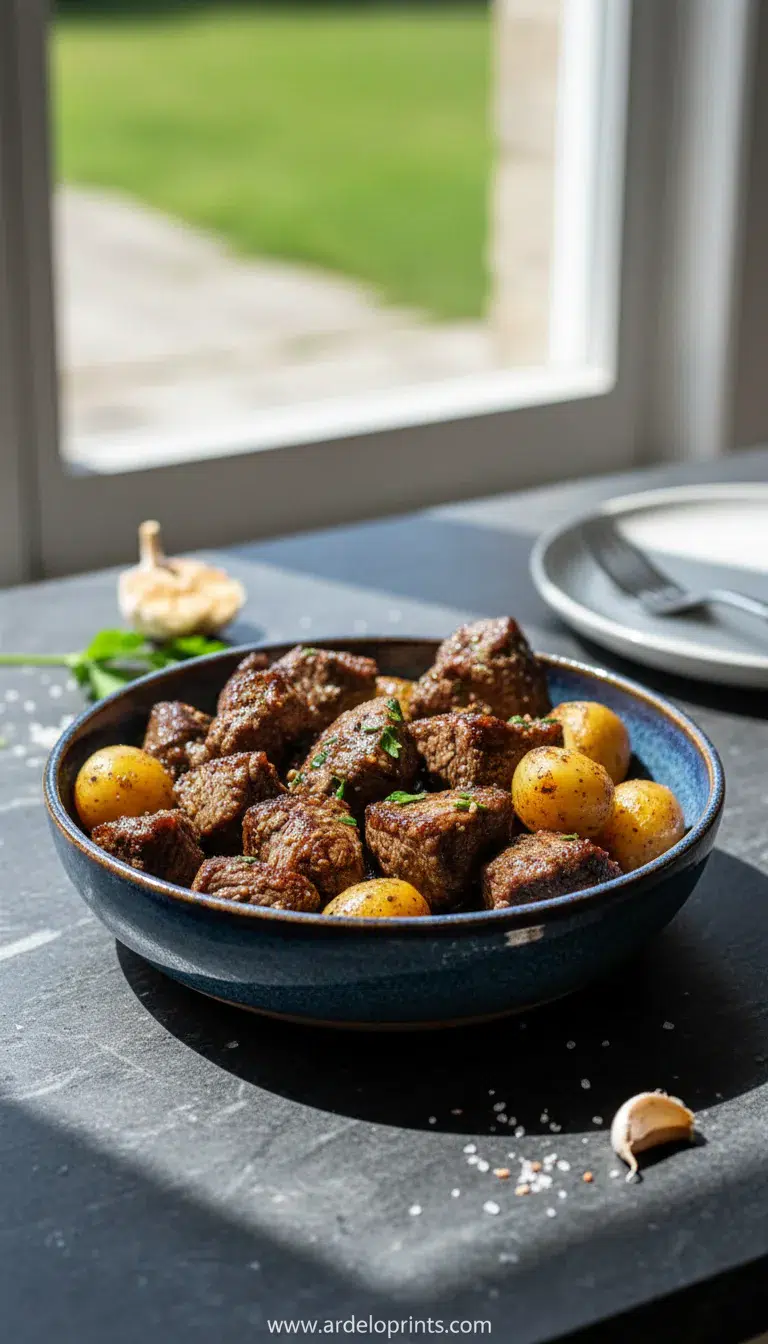 Crockpot Garlic Butter Steak Bites Recipe - final presentation