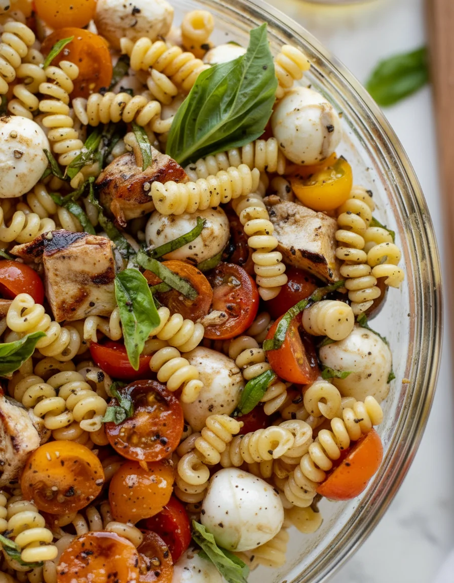 Layered Grilled Chicken Caprese Pasta Salad - feature image