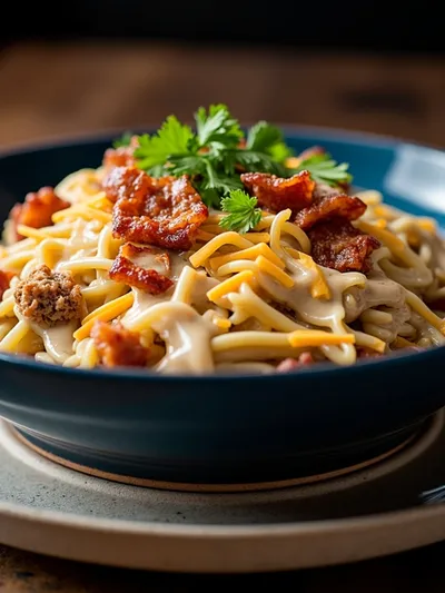Loaded Turkey Bacon Cheeseburger Pasta - ready to serve