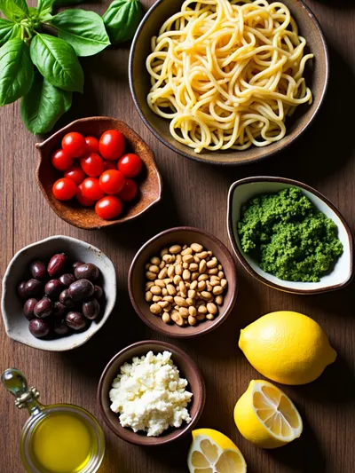 Mediterranean Pasta Salad with Pesto - ingredients preparation