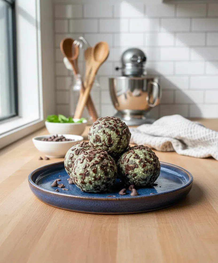 Mint Chocolate Chip Protein Balls, a delightful no-bake healthy snack.