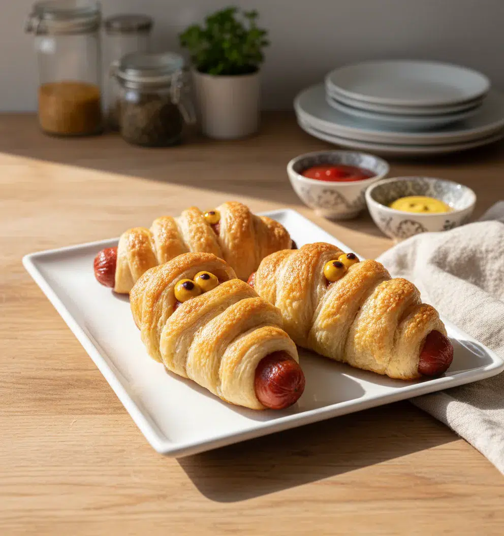 Spooky Mummy Pigs in a Blanket Halloween Appetizers with mustard eyes