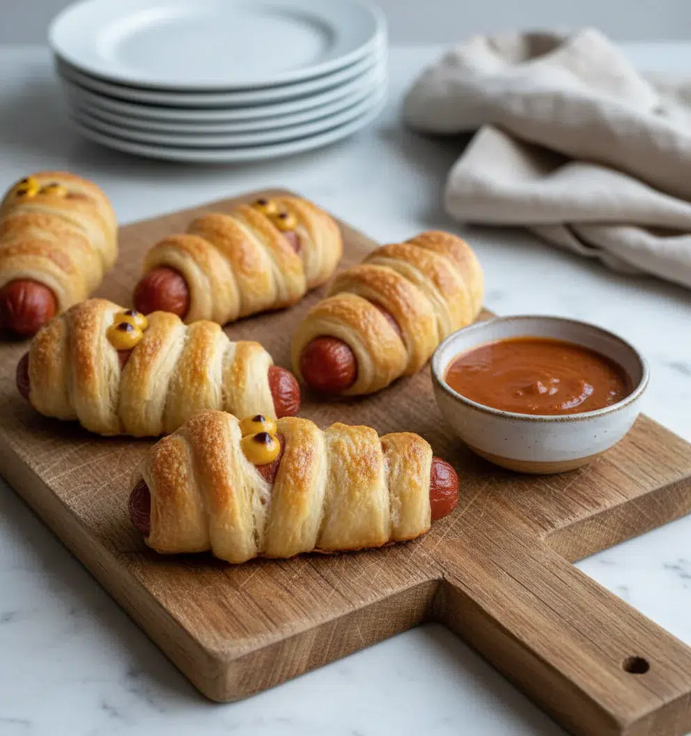 Mummy Pigs in a Blanket Halloween Appetizers - final presentation