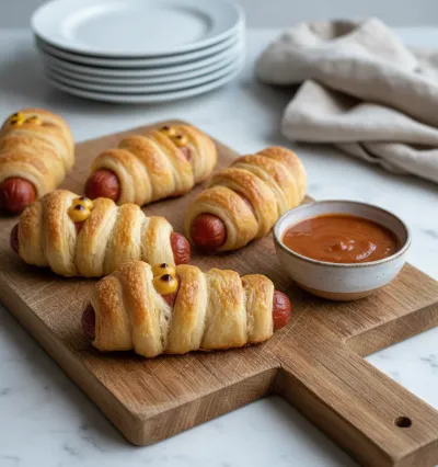 Mummy Pigs in a Blanket Halloween Appetizers - ready to serve