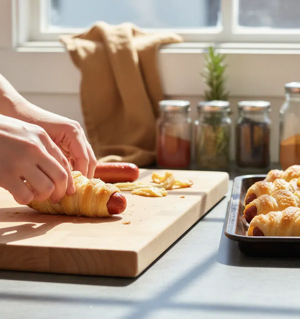 Mummy Pigs in a Blanket Halloween Appetizers - cooking process