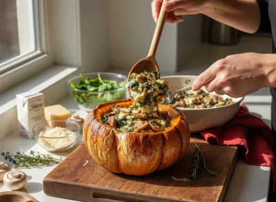 Mushroom & Spinach Stuffed Pumpkin Recipe - cooking process