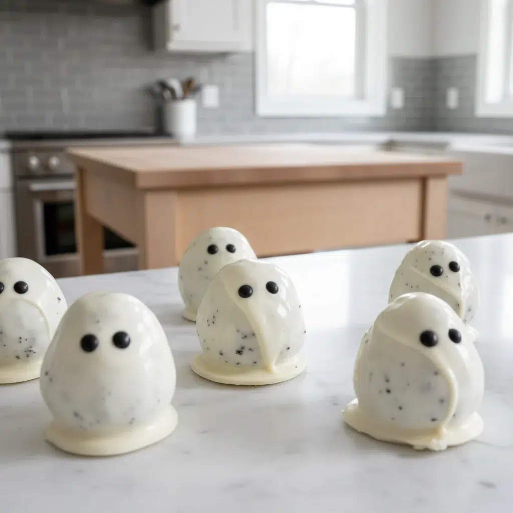 No-Bake Oreo Ghost Truffles with creamy centers, white chocolate coating, and candy eyes for Halloween.