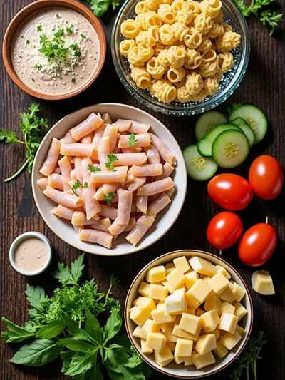 Pasta Salad with Surimi & Hard-Boiled Eggs - ingredients preparation