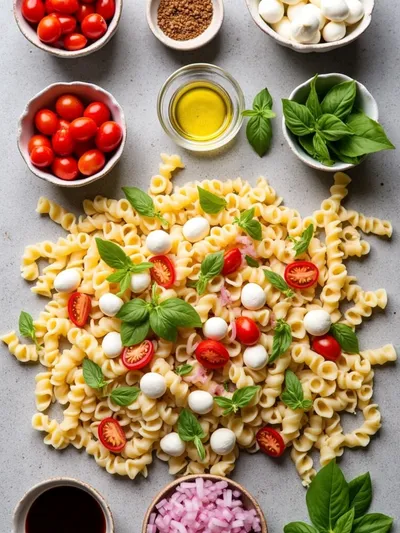 Peseto Pasta Salad with Tomatoes & Mozzarella - ingredients preparation