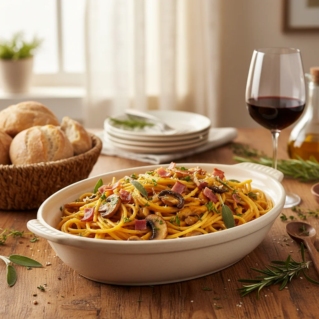 Pumpkin Mushroom Spaghetti with Crispy Turkey Ham - feature image