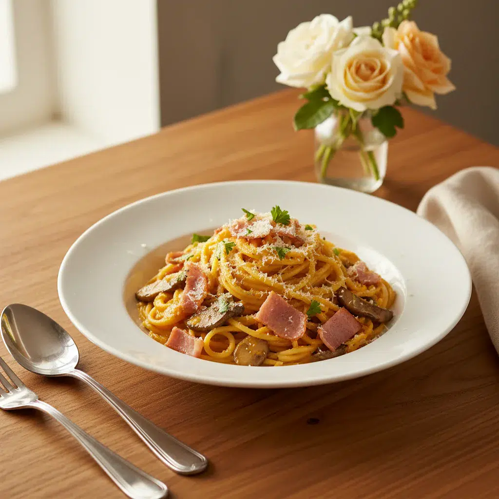 Pumpkin Mushroom Spaghetti with Crispy Turkey Ham - final presentation