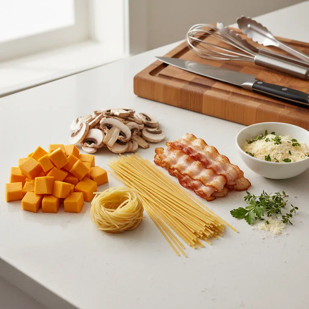 Pumpkin Mushroom Spaghetti with Crispy Turkey Ham - ingredients preparation