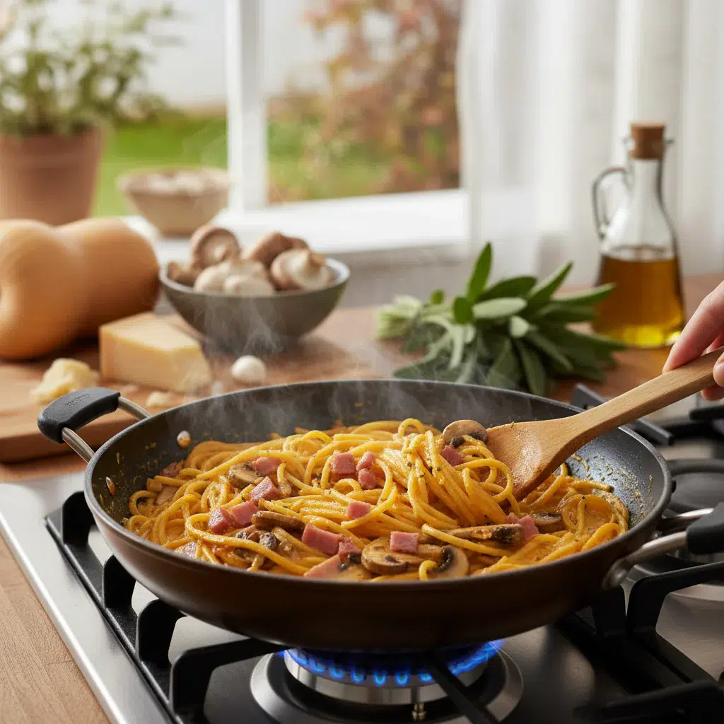 Pumpkin Mushroom Spaghetti with Crispy Turkey Ham - cooking process