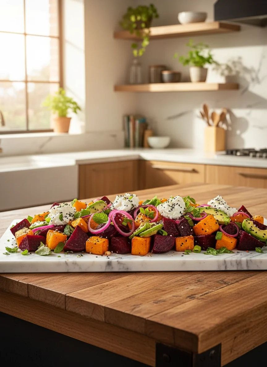 Roasted Beet Sweet Potato Avocado Salad - feature image