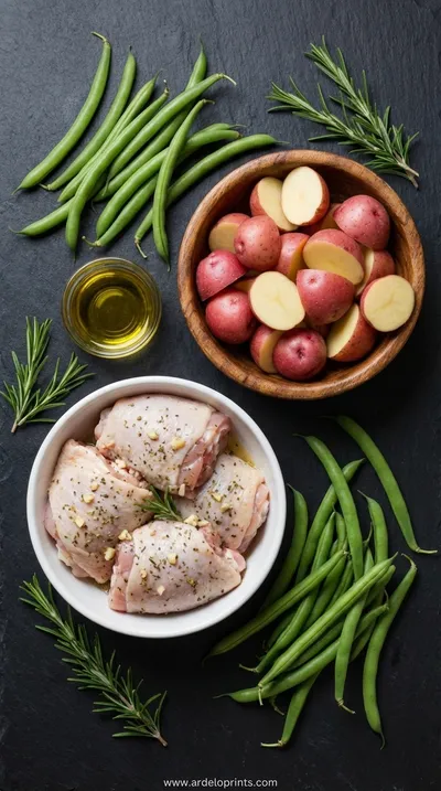 Seasoned Chicken, Potatoes and Green Beans Recipe - ingredients preparation