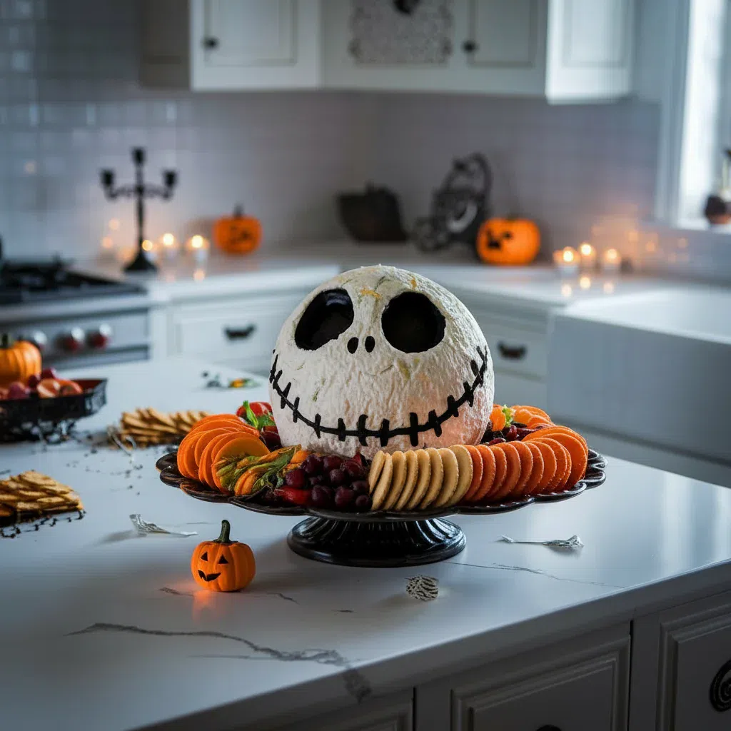 Spooky Skellington Cheese Ball Appetizer with olive eyes and pretzel bones, perfect for Halloween
