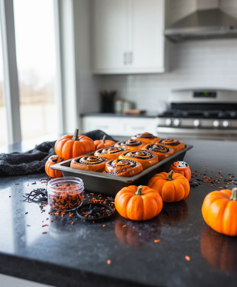 Spooky Cinnamon Rolls for Halloween with ghostly white glaze