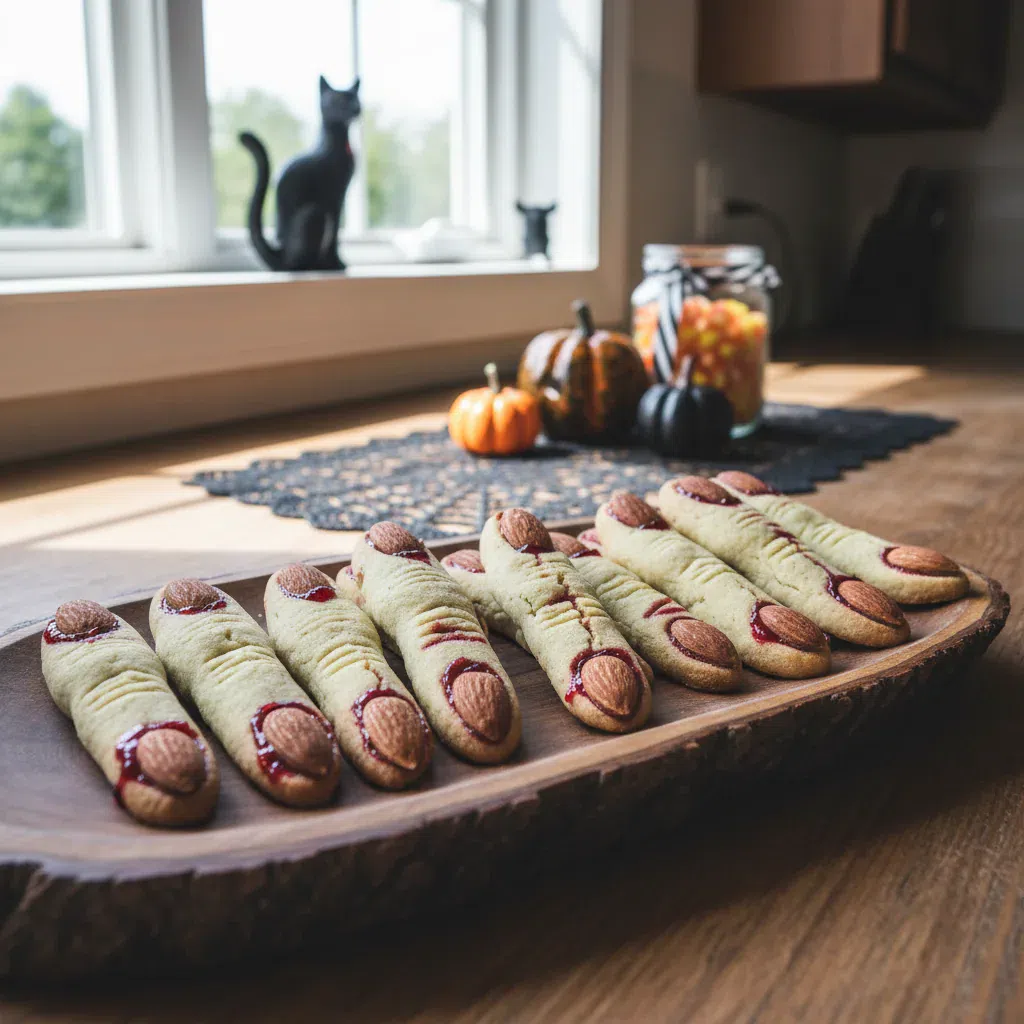 Spooky Halloween Finger Cookies with creepy almond nails and jam 'blood'
