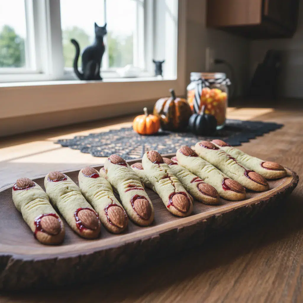 Spooky Halloween Finger Cookies with creepy almond nails and jam 'blood'
