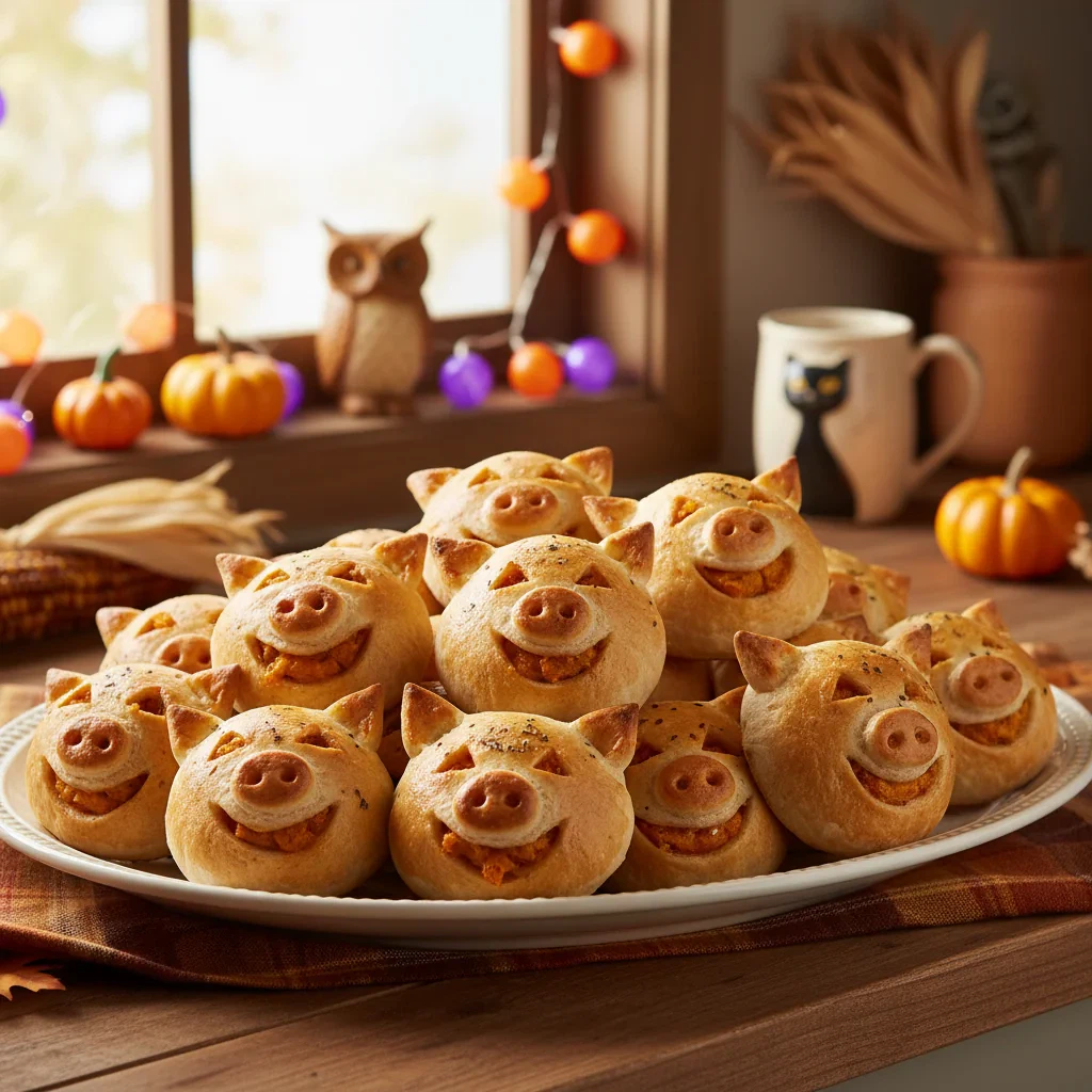 Spooky Halloween Pumpkin Pigs with beef sausages wrapped in golden pastry, perfect for parties.