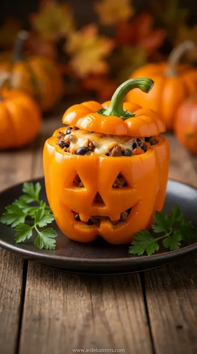 Spooky Stuffed Pepper Pumpkins Recipe - ready to serve