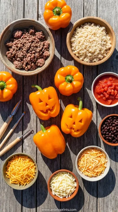 Spooky Stuffed Pepper Pumpkins Recipe - ingredients preparation