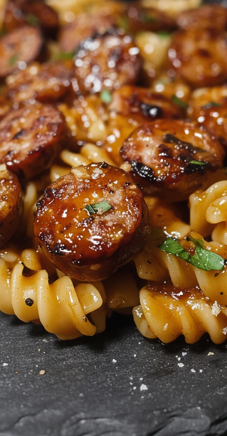 Sticky Honey Garlic Sausage Pasta Skillet - feature image
