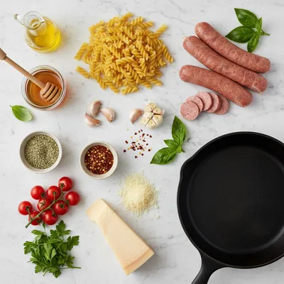 Sticky Honey Garlic Sausage Pasta Skillet - cooking process