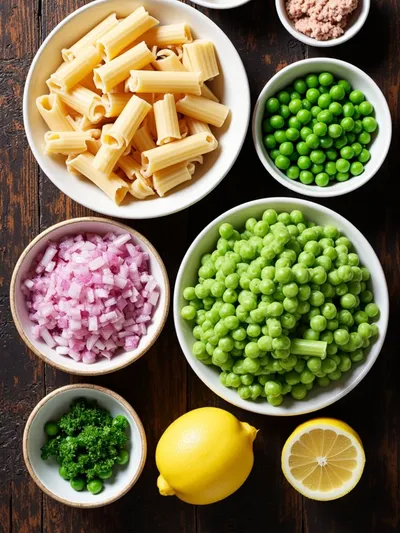Tuna Pasta Salad with Peas – Healthy Cold Dish - ingredients preparation